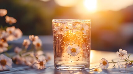 A premium sparkling soda with floating edible flowers elegant outdoor terrace golden sunset light