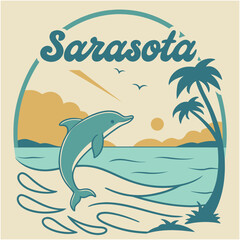 Naklejka premium Sarasota Dolphin and Sunset Beach Scene – Vintage Coastal Poster