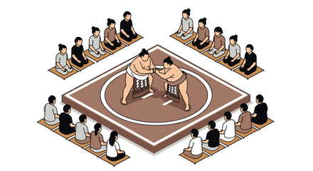 Isometric sumo wrestling match with audience in traditional setting