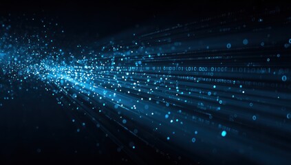 Abstract blue light particles and binary code stream through darkness