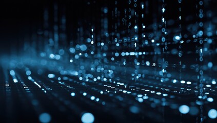 Abstract blue digital data stream with binary code and bokeh lights.