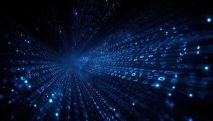 Abstract blue binary code streams into a dark digital tunnel