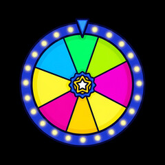 Colorful spinning prize wheel with glowing lights for lottery and game shows