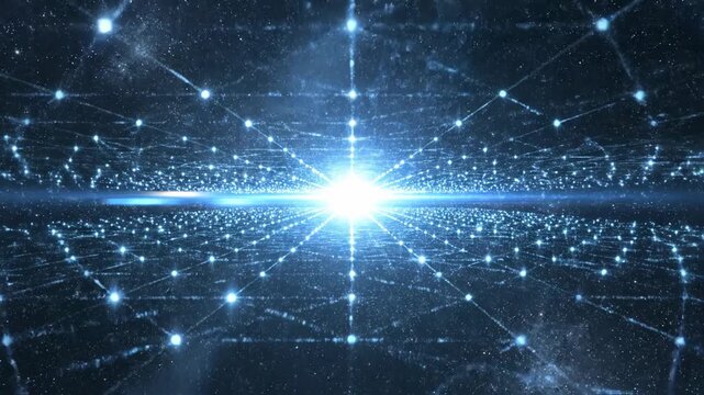 Abstract digital network grid with glowing blue light particles moving towards a bright central starburst in deep space