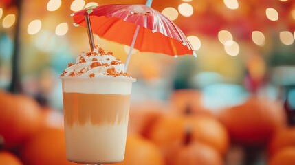 A pumpkin latte milkshake under a pumpkin shaped umbrella in farm festival