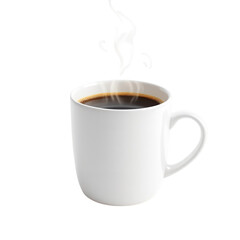 Freshly brewed black coffee in white mug with steam for morning energy and caffeine boost drink 100 character on transparent background