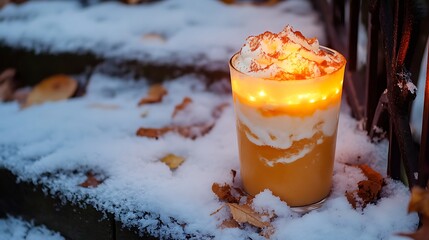 A pumpkin pie milkshake glowing on snowy stone steps