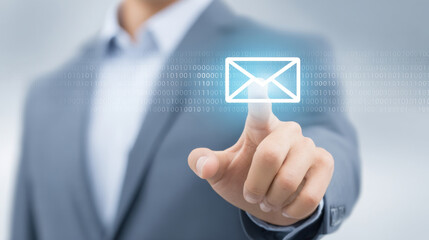 A businessman interacting with a digital email icon, symbolizing modern communication and technology.