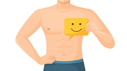 A cheerful man showing off his abs with a smile chat bubble, promoting positivity and fitness.