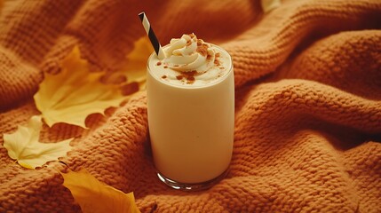A pumpkin spice milkshake on a burnt orange blanket with scattered fall leaves