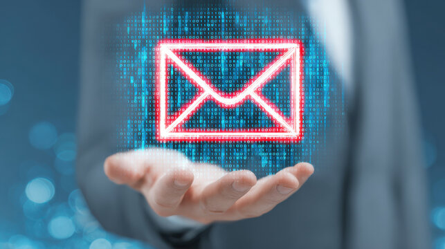 A businessman holding a digital envelope symbolizing modern communication and email innovation in a tech-driven world. - Powered by Adobe