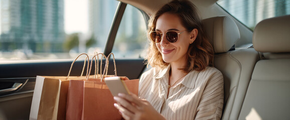 Young woman wearing sunglasses sitting in car backseat with shopping bags using smartphone on sunny day