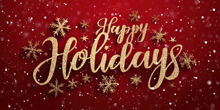 Happy holidays golden glitter text with snowflakes on a festive red background - Powered by Adobe