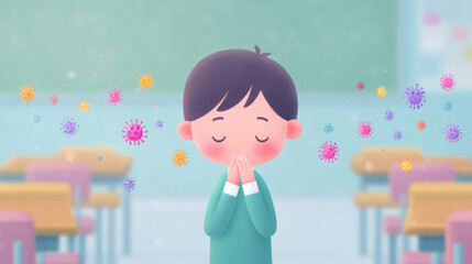 A child standing in a classroom, surrounded by colorful germs and viruses, promoting awareness of health.