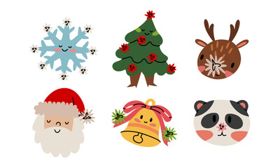 Set of flat Christmas characters for stickers. Holiday characters of a flat color illustration with doodle. Santa, reindeer, snowflake, bell, Christmas tree, panda for digital design or greeting cards