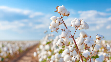 A close-up of a cotton plant blooming in a sunny field, with fluffy white bolls against a bright blue sky.