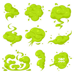 Green stink clouds and toxic fumes in flat style. Vector icons of disgusting odor, poison mist and comic vapor effects isolated on a white background for humorous design projects.