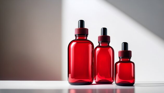 red glass bottles sit on a minimal white surface with soft shadows ideal for product photography cosmetic branding and posters.jpg