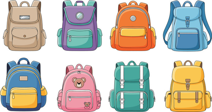 A vector collection of eight colorful and diverse school backpacks, suitable for students, travel, hiking, and daily use, featuring various pockets, straps, and cartoon designs