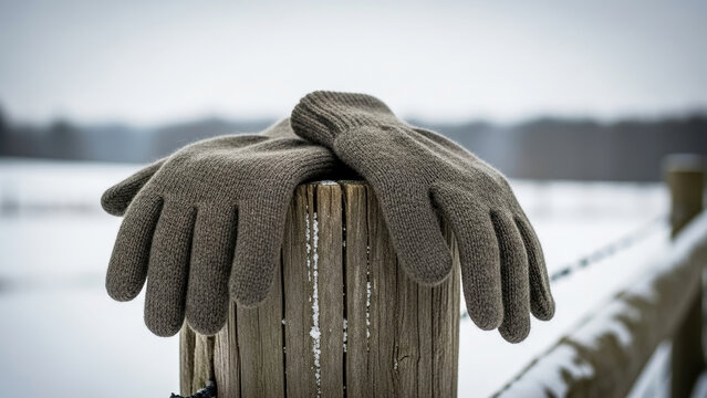 Gloves on fence post in winter scene, protecting hands in cold climate. Cozy gloves rest peacefully on weathered wooden fence post, providing warmth and style.