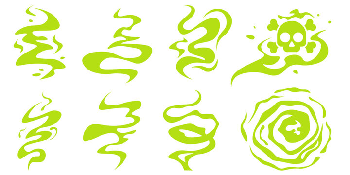 Green toxic gas clouds as bad smell icons. Bad odor fumes and stink bubbles in flat vector style for comic illustrations and designs isolated on a white background.