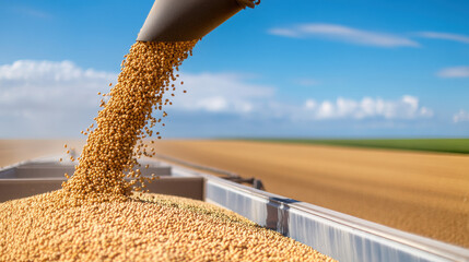 A close-up of grain being harvested, showcasing agricultural machinery in a vast field under a clear blue sky.