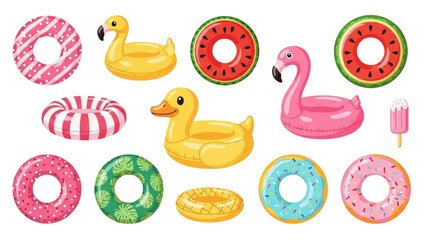 Collection of inflatable pool floats in fun shapes like donuts and animals for summer fun