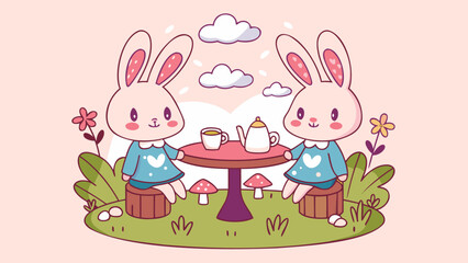 Fototapeta premium Two adorable cartoon bunnies enjoying a tea party together outdoors in a whimsical garden setting with flowers and mushrooms under a soft sky with clouds