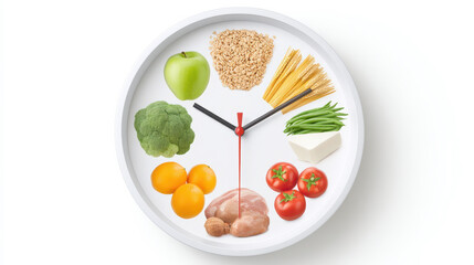 A creative food clock displaying healthy ingredients, promoting balanced nutrition and mindful eating habits.