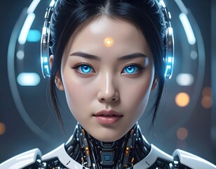 A close-up of a woman with blue eyes, headphones, and a futuristic cybernetic neck and chest piece