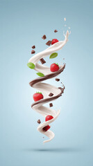 A delicious swirl of soft serve ice cream topped with fresh strawberries and chocolate pieces against a pastel backdrop.