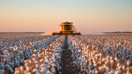 A cotton harvester working diligently in a vast field during sunset, showcasing agricultural innovation.