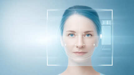 A futuristic portrait of a woman with digital elements highlighting facial recognition technology and innovation.