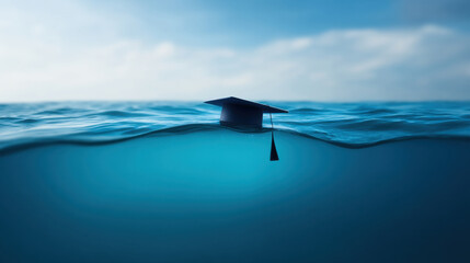 A graduation cap submerged in water symbolizes challenges faced in education and the pursuit of knowledge.
