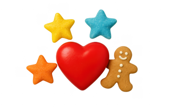 Gingerbread man, red heart, colorful stars, holiday concept