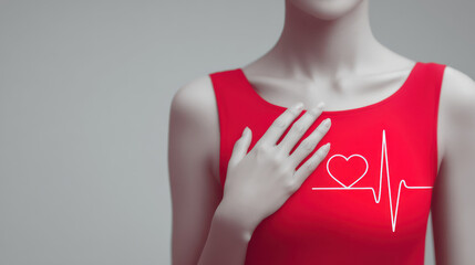 A mannequin with a red outfit symbolizes health and well-being, featuring a heart and heartbeat graphic design.