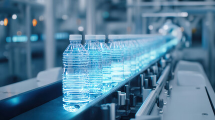 A modern water bottling plant features bottles on a conveyor belt, emphasizing efficiency in beverage production.