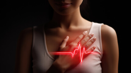A person gently holds their chest while a glowing heartbeat graphic symbolizes emotional awareness and health.