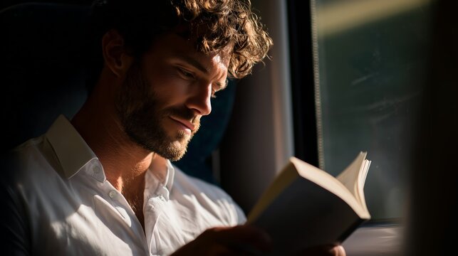 Young man reading a book while sitting by the window on a train during daylight