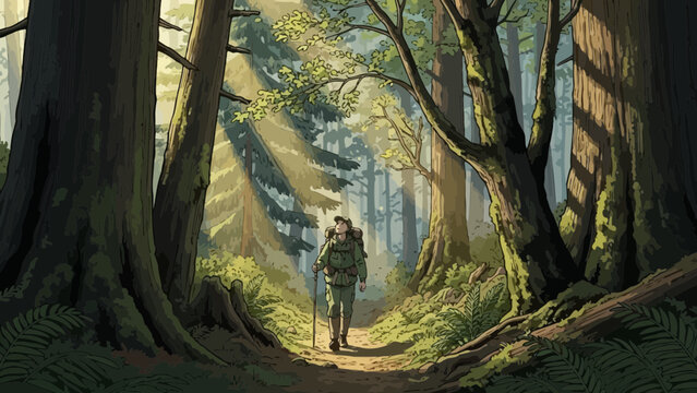 Illustration of a hiker walking along a trail through a dense forest with tall trees, concept for nature exploration, outdoor adventure and healthy lifestyle