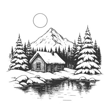 Snowy cabin by mountain lake vector illustration in vintage engraving style, featuring pine trees and winter scenery, perfect for outdoor posters, travel themes, and nature artwork.
