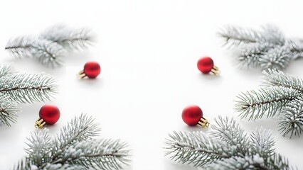 Christmas Ornament Composition: An elegant arrangement of frosted evergreen branches delicately framing vibrant red ornaments, creating a festive and inviting winter scene.