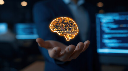A person holding a glowing digital brain symbolizing artificial intelligence and innovation in tech.