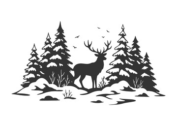 Majestic deer standing in a pine forest illustrated in detailed monochrome engraving style, ideal for wildlife prints, outdoor branding, and nature-themed vector designs.