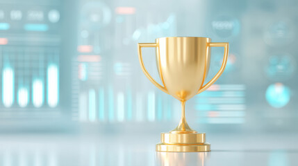 A shiny golden trophy showcasing achievement and success against a blurred data analysis background.