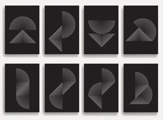 Geometric posters set with concentric lines- modern geometric circles, semicircles , triangles pattern created with thick and bold dynamic  lines for modern design. Shapes for posters and branding. 