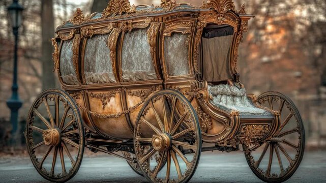 Video A traditional horse-drawn carriage parked on the side of a rural road, perfect for use in vintage or rustic-themed designs