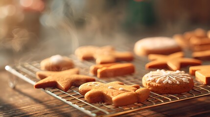 Tray of assorted cookies and gingerbread men are baking in the oven. The cookies are golden brown and the gingerbread men are decorated with icing. The scene is warm and inviting