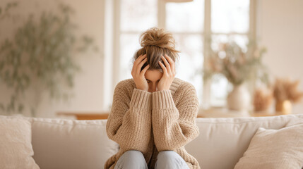 A woman sits on a sofa, holding her head in despair, reflecting emotional turmoil in a cozy interior space.