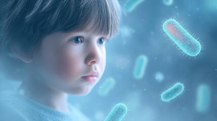 Young child observing microscopic organisms in an imaginative and colorful learning environment.